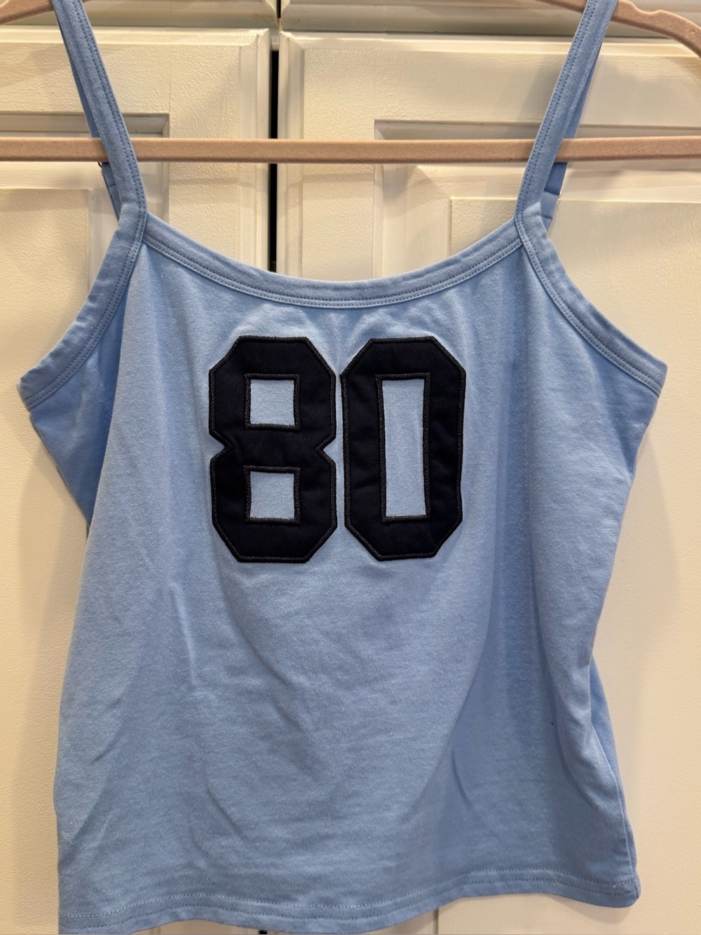 Light Blue Women's Spaghetti Strap Tank Top with Navy '80' Patch